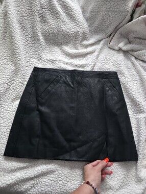 Olivaceous Black Faux Leather Mini Skirt with Front Slit